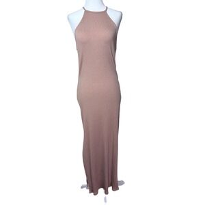 Rachel Pally Ribbed Modal Maxi Dress Camel High Neck Side Slit Stretch